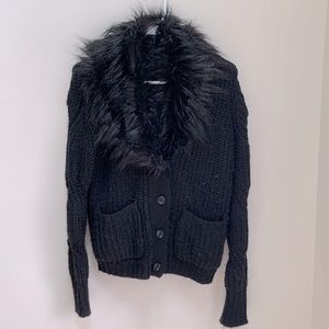 Black long sleeve cardigan with wrapped fur collar